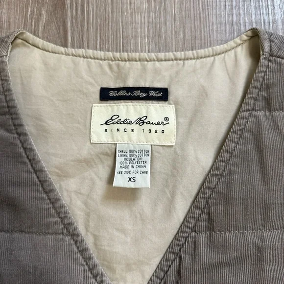 Vintage Eddie Bauer 100% Cotton Collins Bay Quilted Corduroy Taupe Vest Size XS - Picture 3 of 11